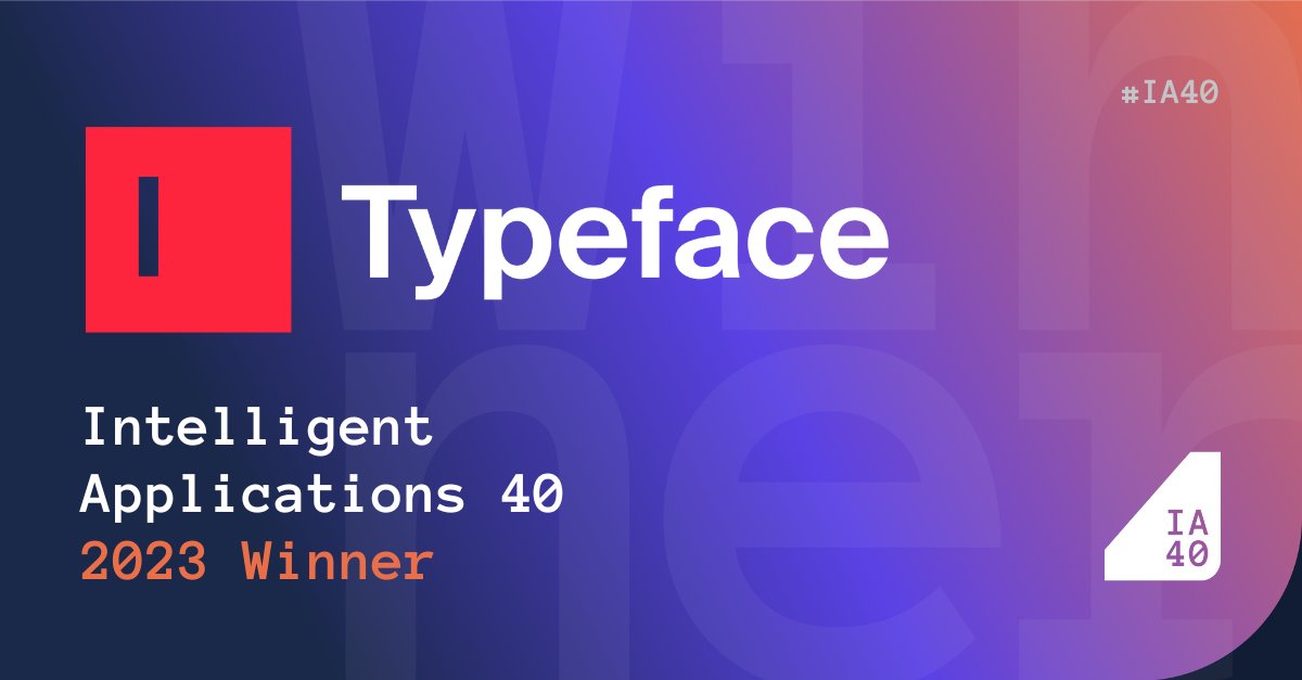 Typeface (@typefaceai) on Twitter photo We're honored to be recognized as a 2023 Intelligent Applications 40 winner! Thank you <a href="/MadronaVentures/">Madrona</a>, <a href="/AWSstartups/">AWS Startups</a>, <a href="/Microsoft/">Microsoft</a>, <a href="/NYSE/">NYSE 🏛</a>, <a href="/McKinsey/">McKinsey & Company</a>, and <a href="/PitchBook/">PitchBook</a>.
See the full list and request an invite for the #IASummit happening on Oct. 11: bit.ly/3tegsnK We're honored to be recognized as a 2023 Intelligent Applications 40 winner! Thank you <a href="/MadronaVentures/">Madrona</a>, <a href="/AWSstartups/">AWS Startups</a>, <a href="/Microsoft/">Microsoft</a>, <a href="/NYSE/">NYSE 🏛</a>, <a href="/McKinsey/">McKinsey & Company</a>, and <a href="/PitchBook/">PitchBook</a>.
See the full list and request an invite for the #IASummit happening on Oct. 11: bit.ly/3tegsnK