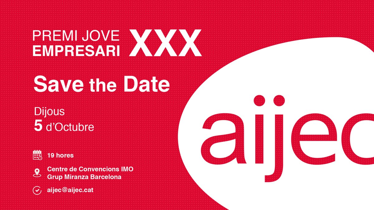 AIJEC's tweet photo. ⌛Comença el compte enrere i a només 7 dies de la gala, ho tenim tot llest per conèixer el XXX #PremiJoveEmpresari! Tenim data i lloc, però volem que ens acompanyis. Últims dies per confirmar assistència a aijec@aijec.cat. https://t.co/Y9DHcM5fR3