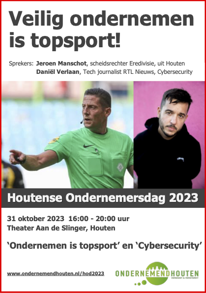 hodhouten's tweet photo. Dit jaar wordt de Houtense Ondernemers Dag georganiseerd op di 31 okt vanaf 16:00 @aandeslinger. 
Jeroen Manschot zal als spreker dieper ingaan op het feit dat ondernemen topsport is. 
@danielverlaan zal ons een kijkje geven in de wereld die cybersecurity heet. https://t.co/5Zb8eUL3Md
