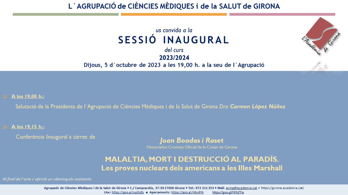 ⏭️⏭️ EL proper 5 d´octubre celebrem la Sessió Inaugural de l´Agrupació amb una magnífica conferència.
Us hi esperem!
<a href="/COIGIrona/">Col·legi Oficial d'Infermeres/ers de Girona</a> <a href="/COMGirona/">COL·LEGI METGES GI</a> <a href="/idibgi/">IDIBGI Institut d'Investigació Biomèdica de Girona</a> <a href="/GironaCAMFIC/">Girona CAMFiC</a>
