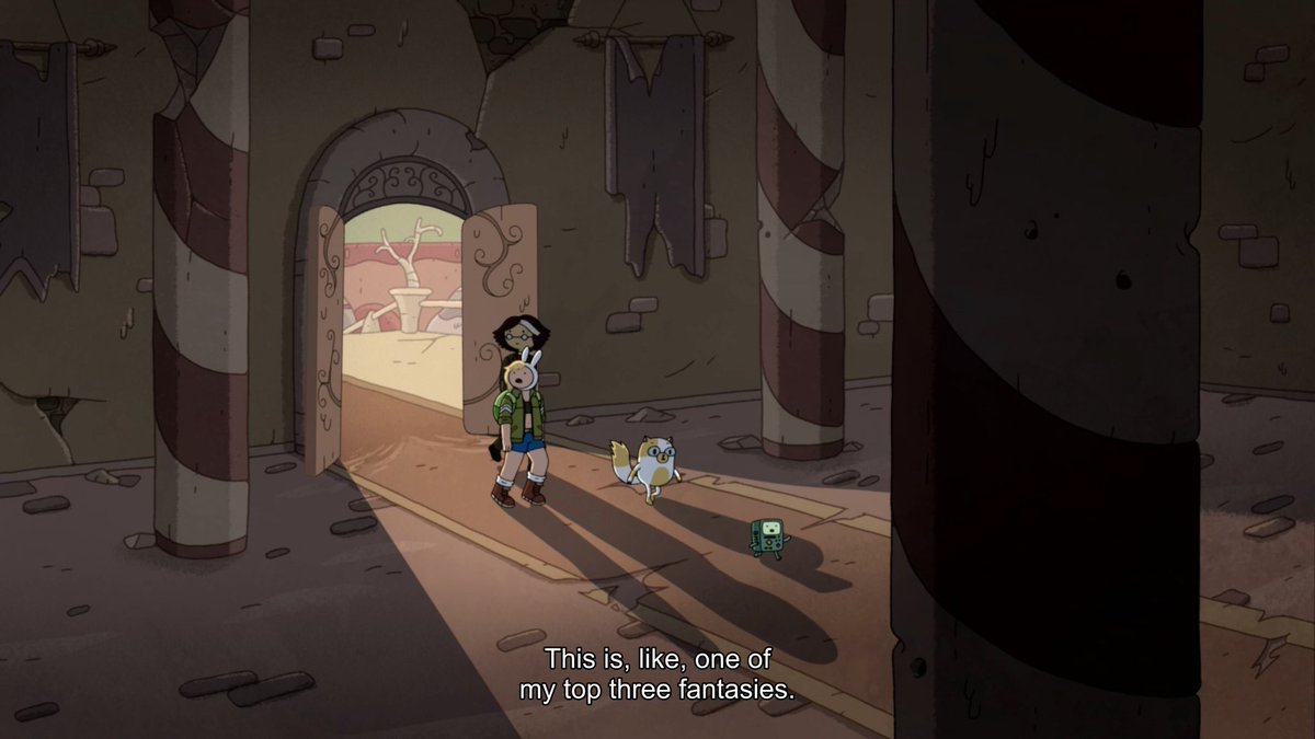 bumblemio's tweet photo. fionna and cake spoilers 

we now have all three of fionna’s top three fantasies! cake being able to talk, everything being made out of candy, and her being giant lmao https://t.co/ICuRiZ4tBg