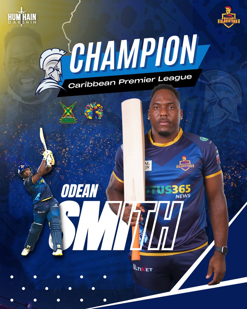 TeamDGladiators's tweet photo. Congratulations to the raging bull 📷 #OdeanSmith for winning 📷 #CPL23 with @ga_warriors  

#GladiatorGreatness Continues...
#HumHaiDakshin #heretowin #DeccanGladiators #CPLFinal #TKRVGAW #CricketPlayedLouder #BiggestPartyInSport @CPL https://t.co/gfcZcM35xa