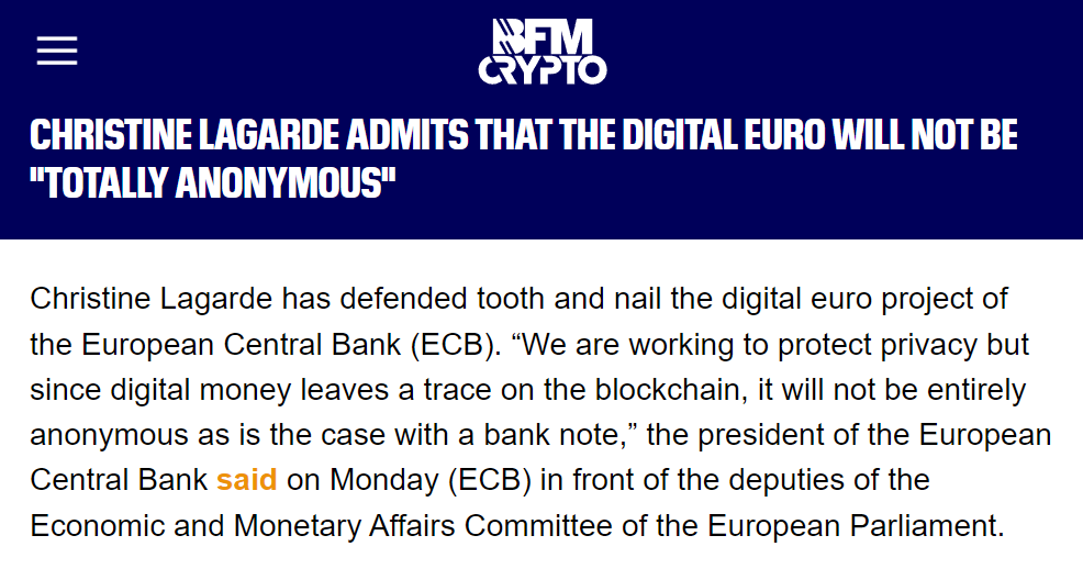 disclosetv's tweet photo. NEW - ECB chief Lagarde says the digital euro CBDC will not be "entirely anonymous" as is the case with a bank note. https://t.co/yc3ndrQRWj