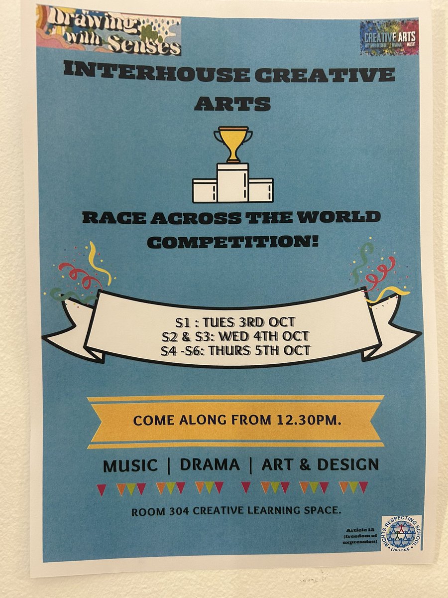 Come along and join creative arts for the race across the world competition @BraesHigh ✈️🌍🏆 Win points for your house 🥇 #Article13