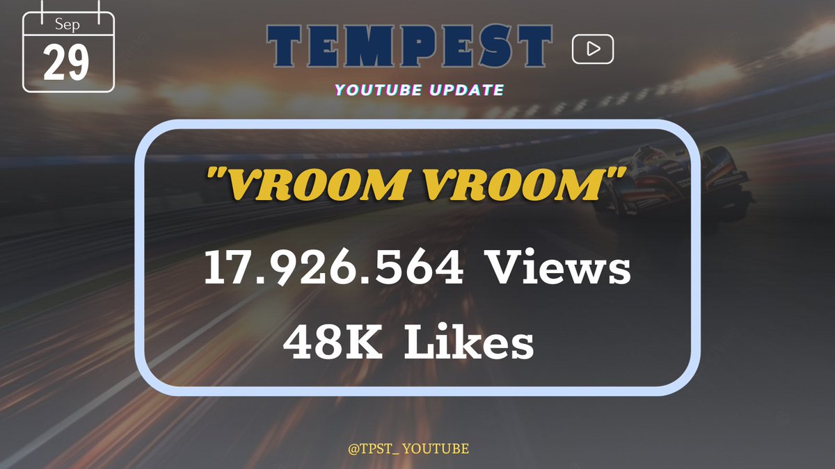 TPST_YOUTUBE's tweet photo. TEMPEST YOUTUBE UPDATE ๐ 29.09.2023-12AM (KST)
๐๏ธVROOM VROOM MV ๐ถ
๐ฅ๏ธ๐ป๐ฑ17.926.564 Views
๐ 48k Likes
๐ https://t.co/5olv5vtJufโฆ
#TEMPEST #ํ
ํ์คํธ #TPST_YOUTUBE
#Vroom_Vroom https://t.co/QmjI6LfVlE