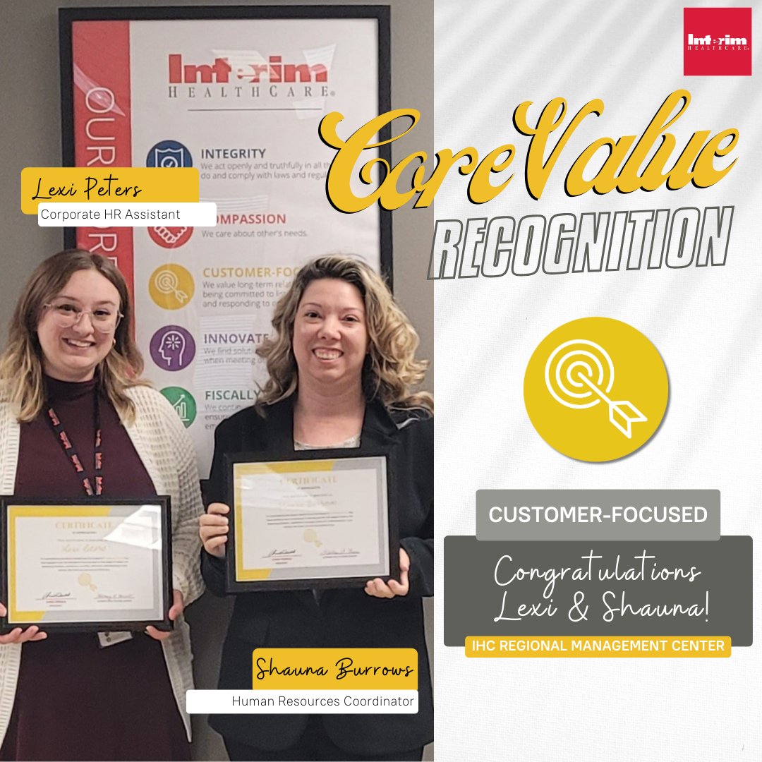 👏 Join us in celebrating Lexi and Shauna for earning a Customer-Focused Value Award! 🎉 🌟 #IHCMakeADifference #EmployeeSpotlight #Teamwork #Commitment #PatientCare #InterimHealthCare #CustomerFocused