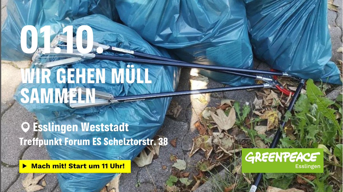 Wir freuen uns auf Unterstützung 💪🏻🌱

❗️Wann? 01.10.2023
❗️Uhrzeit? 11:00 – max. 12:30 Uhr
❗️Treffpunkt? Forum Esslingen (Schelztorstr. 38)

(+ Wetterfeste Klamotten, Gartenhandschuhe und evtl. Müllgreifer)

greenwire.greenpeace.de/greenpeace-ess…