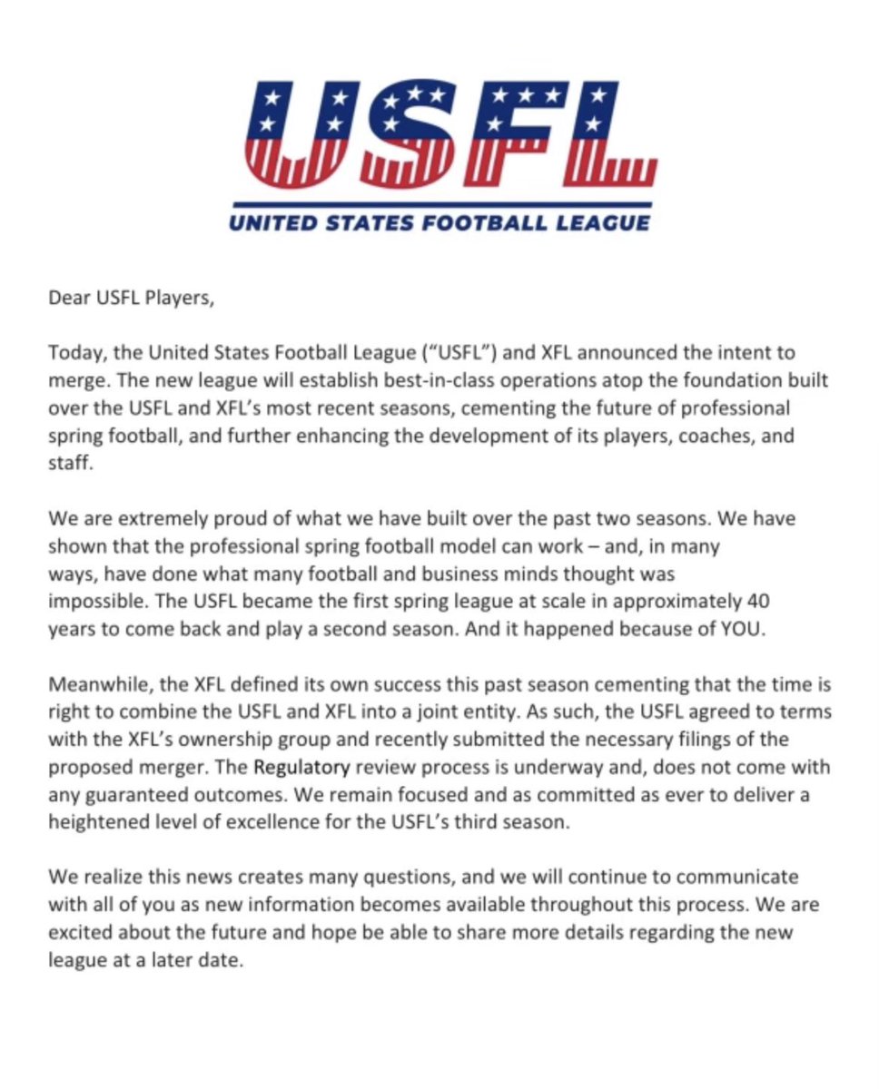 AdamSchefter's tweet image. Today’s announcement that the USFL and XFL officially intend to merge: