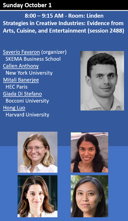 f_castellaneta's tweet photo. SMS Toronto 2023 - Competitive Strategy IG

Strategies in Creative Industries: Evidence from Arts, Cuisine, and Entertainment

Panel: Saverio Favaron - Callen Anthony - Mitali Banerjee - Hong Luo - @Giada Di Stefano https://t.co/AF8yqfXfAC