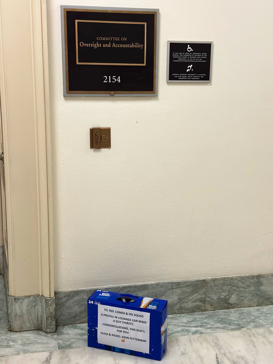 SenFettermanPA's tweet image. This morning, I directed my staff to deliver a gift to congratulate and salute Representative Comer and his Team America™️ squad as they embark on their historic impeachment journey.