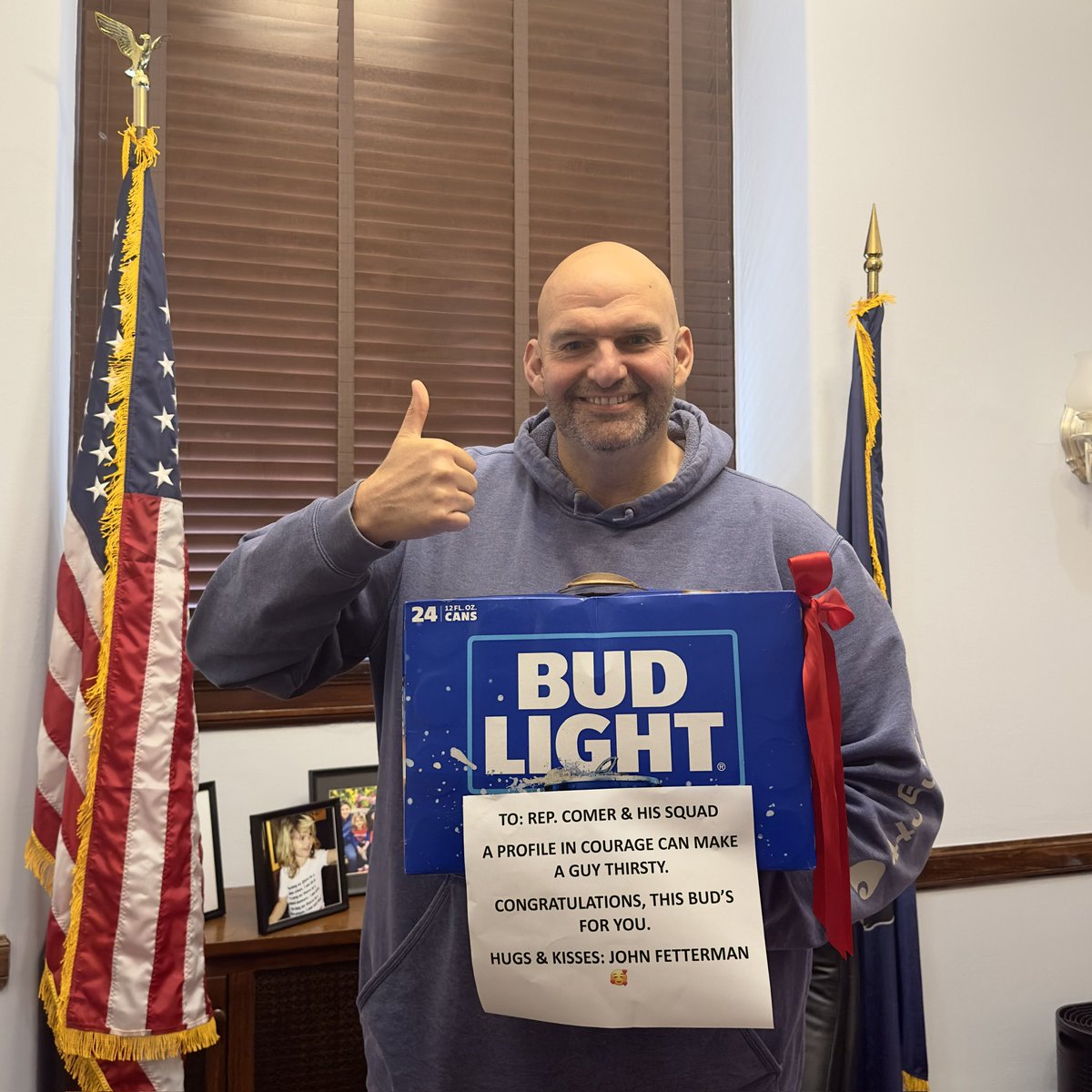 SenFettermanPA's tweet image. This morning, I directed my staff to deliver a gift to congratulate and salute Representative Comer and his Team America™️ squad as they embark on their historic impeachment journey.