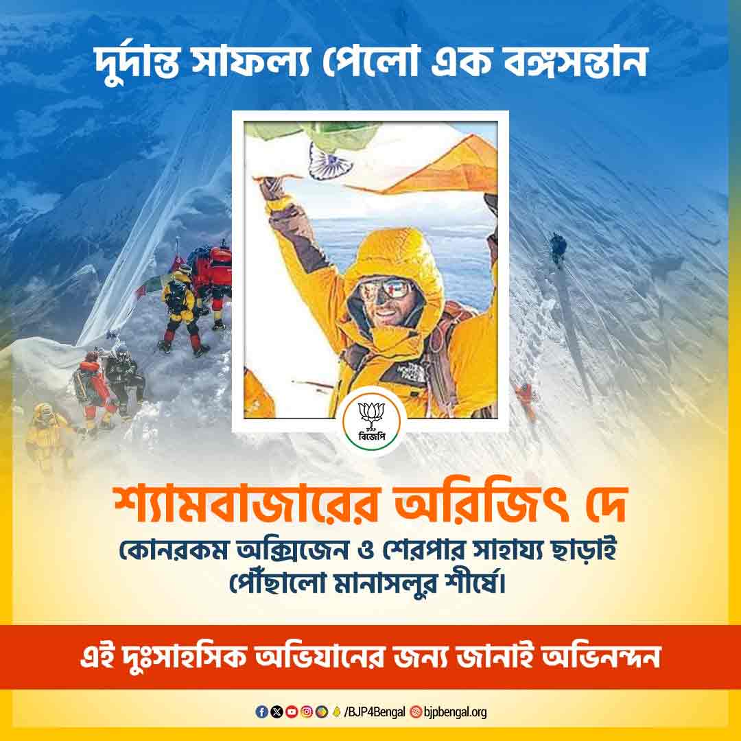 BJP4Bengal's tweet photo. দুর্দান্ত সাফল্য পেল এক বঙ্গসন্তান।

শ্যামবাজারের অরিজিৎ দে কোনরকম অক্সিজেন ও শেরপার সাহায্য ছাড়াই পৌঁছালো মানাসলুর শীর্ষে।

এই দুঃসাহসিক অভিযানের জন্য জানাই অভিনন্দন! https://t.co/Xl7QcSixI0