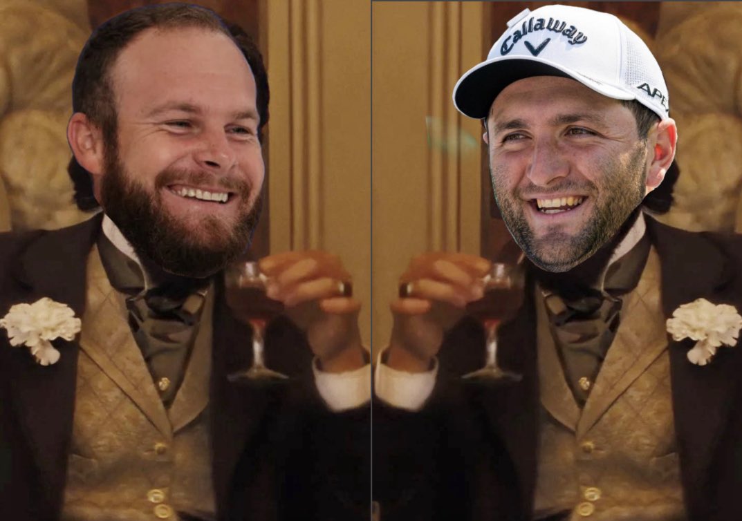 flushingitgolf's tweet photo. Rahm and Tyrrell at dinner tonight thinking about how many ‘gimmees’ they’re gonna make Scottie hole out tomorrow 🤣

“I’ll see that one mate” https://t.co/SLJuy08yxy