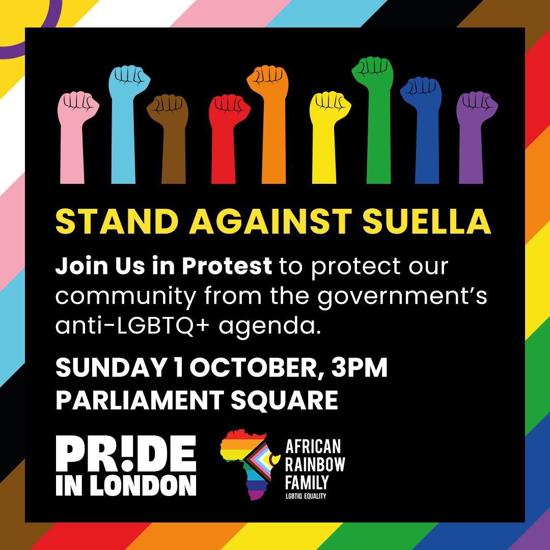 God Adores You (@revjide) on Twitter photo We are standing against Suella De Cruella. Join the protest.
<a href="/PrideInLondon/">Pride in London</a> <a href="/AfricanRainbow1/">African Rainbow Family</a> We are standing against Suella De Cruella. Join the protest.
<a href="/PrideInLondon/">Pride in London</a> <a href="/AfricanRainbow1/">African Rainbow Family</a>