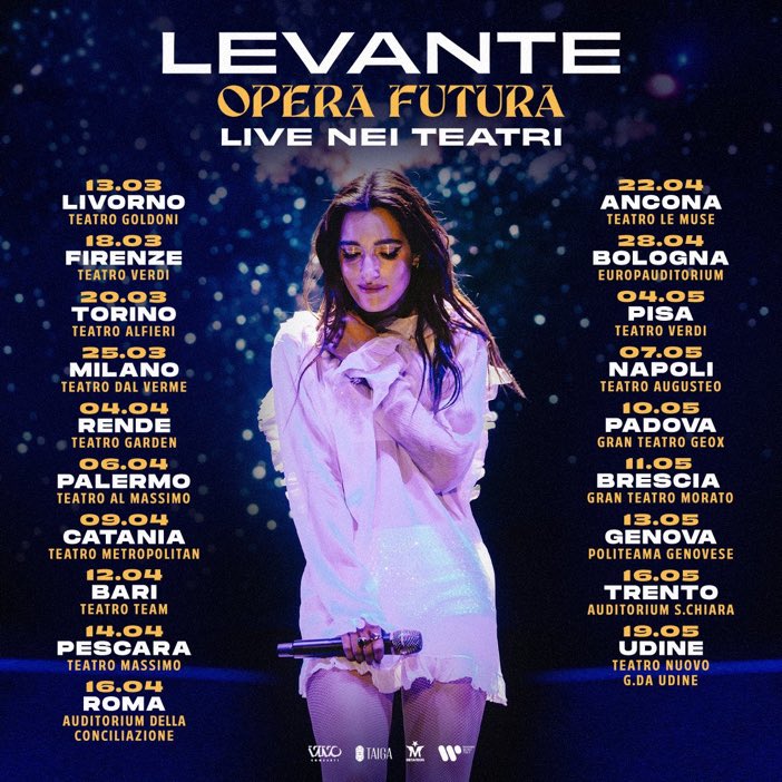 Dopo il concerto all’Arena di Verona, #Levante annuncia il tour nei teatri, #OperaFuturaLiveNeiTeatri2024! 
Biglietti disponibili online dalle 16:00 di venerdì 29 settembre e nei punti vendita autorizzati dalle 12:00 di mercoledì 4 ottobre.

#levantecanta #OperaFutura