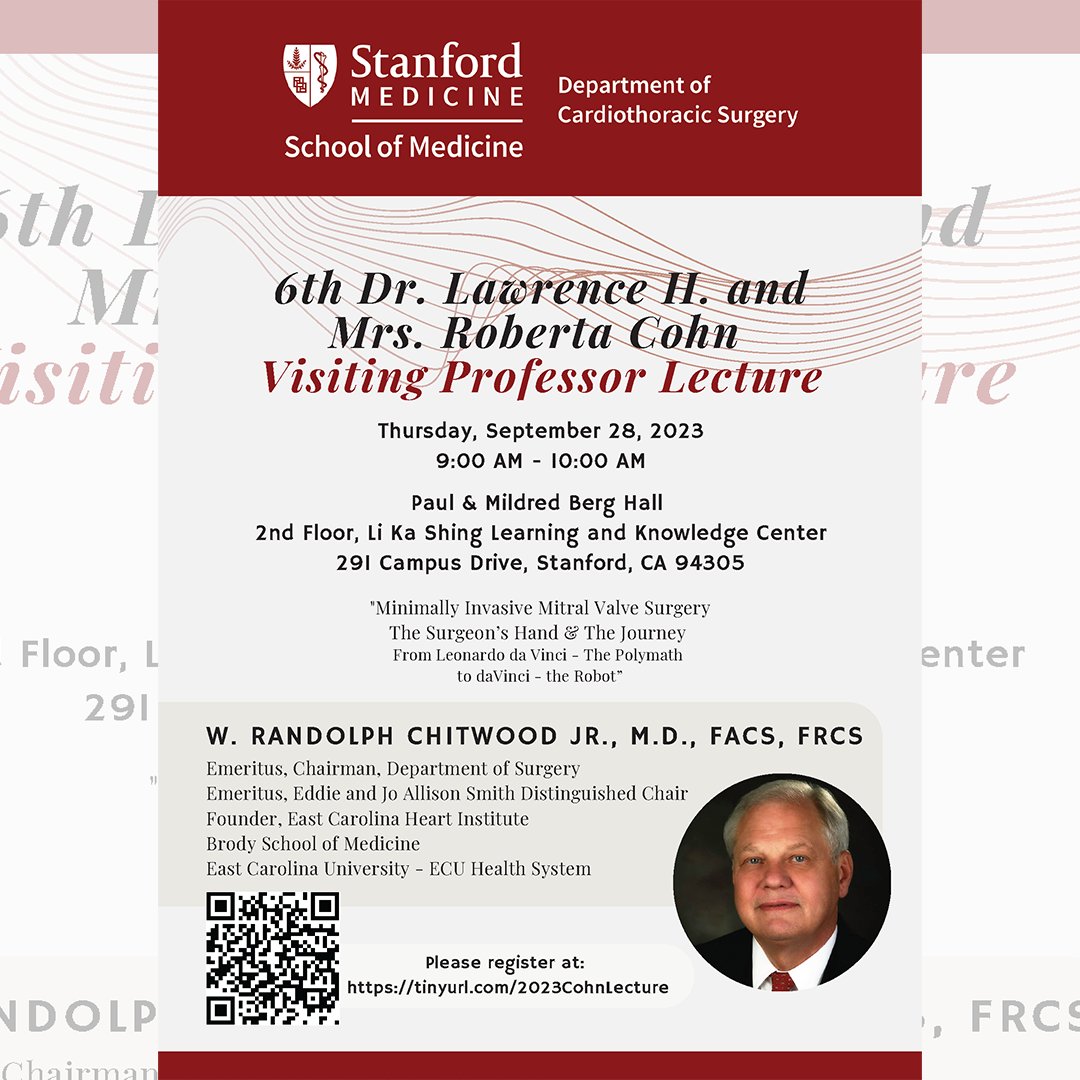 Stanford Cardiothoracic Surgery (@stanfordctsurg) on Twitter photo 📣 Happening this morning! @StanfordCTSurg 6th Cohn Visiting Professor Lecture featuring Dr. W. Randolph Chitwood, Jr., Emeritus, Chairman of the Department of Surgery at <a href="/ECUBrodySOM/">ECU Brody School of Medicine</a> and Founder of the East Carolina Heart Institute. 📣 Happening this morning! @StanfordCTSurg 6th Cohn Visiting Professor Lecture featuring Dr. W. Randolph Chitwood, Jr., Emeritus, Chairman of the Department of Surgery at <a href="/ECUBrodySOM/">ECU Brody School of Medicine</a> and Founder of the East Carolina Heart Institute.