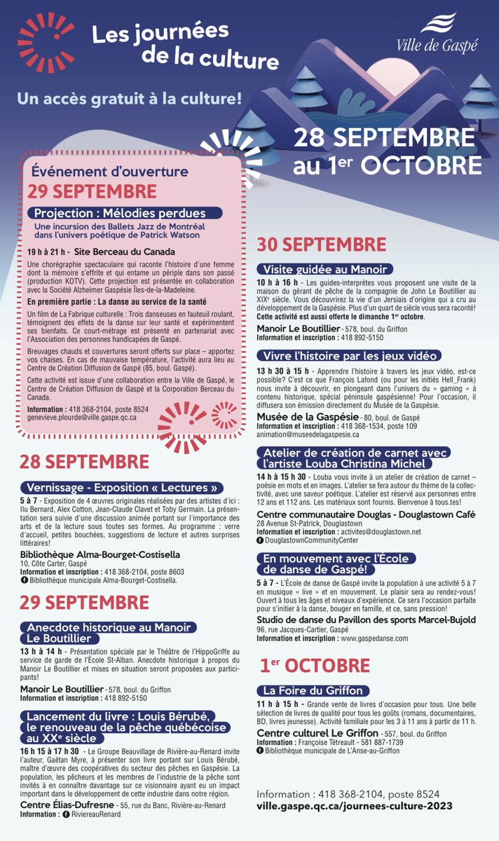 🎈✨[Ville de Gaspé – Journées de la culture]
Du 𝟐𝟖 𝐬𝐞𝐩𝐭𝐞𝐦𝐛𝐫𝐞 𝐚𝐮 𝟏𝐞𝐫 𝐨𝐜𝐭𝐨𝐛𝐫𝐞, une belle programmation vous attend : des activités gratuites pour tous les goûts et accessibles à tous. ville.gaspe.qc.ca/journees-cultu…
Une invitation à vivre la culture! #Jdelaculture