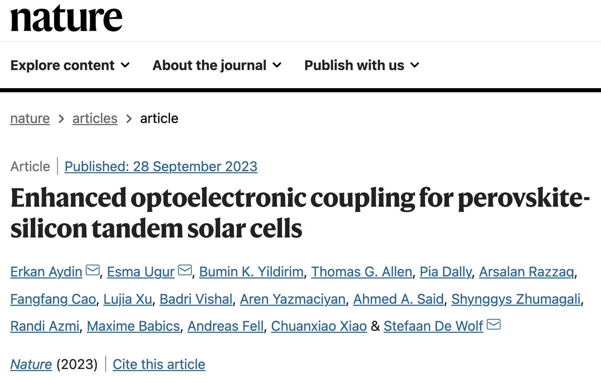 Happy to share our latest publication in <a href="/Nature/">nature</a>, which explains the details of our 32.5%-efficient perovskite/silicon #tandem cells. Discover our smart contact designs for superior electrical and optical synergy, driving peak performance.
