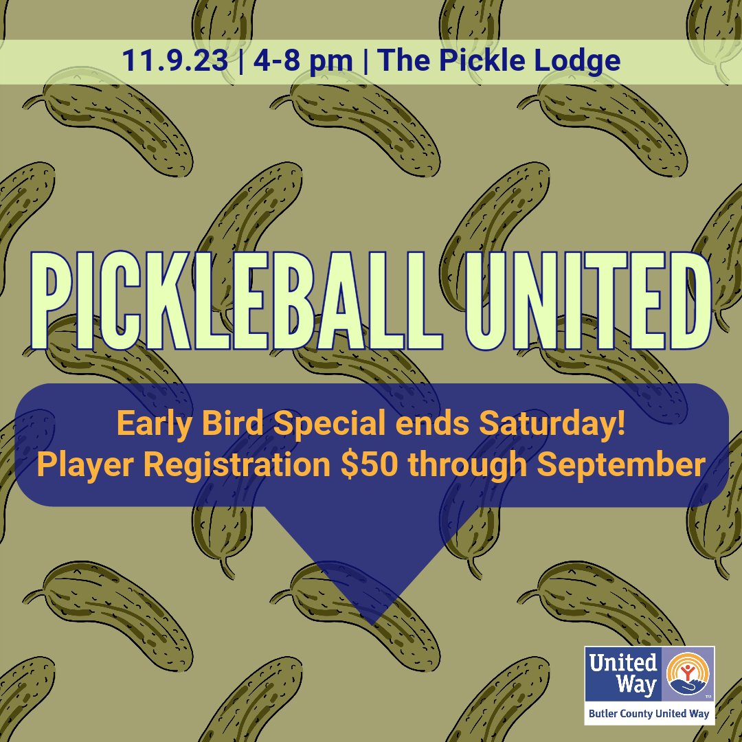 It's your last chance to take advantage of our Early Bird Special on Pickleball United Player Registration! Now through Saturday player registration is $10 off. We hope to see you November 9 at The Pickle Lodge.
Register here: bc-unitedway.org/pickleball-uni…