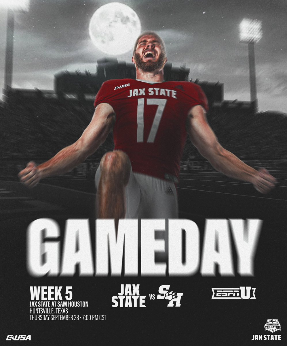 JaxStateFB's tweet photo. ‼️𝑰𝑻’𝑺 𝑮𝑨𝑴𝑬𝑫𝑨𝒀‼️

🆚 Sam Houston
🕖 Thursday, Sept. 28th, 2023 at 7:00 PM
📍 Elliott T. Bowers Stadium Huntsville, TX
🎟 >>>> https://t.co/V4CNhIhSAy
📺 ESPNU

#HardEdge | #EarnSuccess https://t.co/b1V8fhWhwS