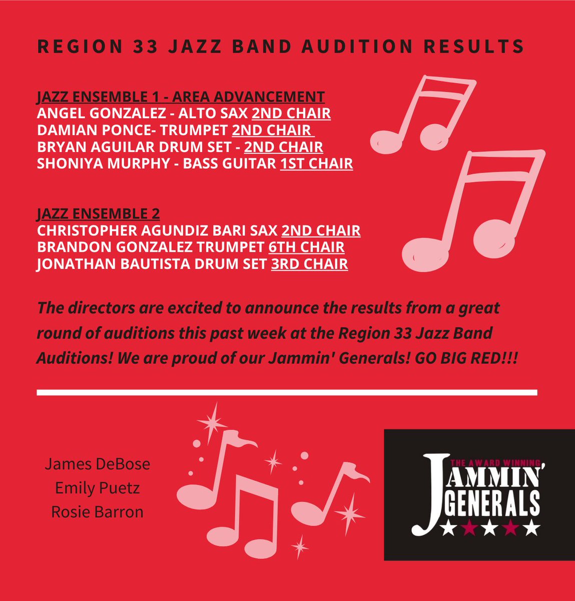 Congratulations to our Jammin' Generals that performed in the Region 33 Jazz Auditions! We had a whopping 7 students earn Spots in the Region Jazz Band with 4 Advancing to the Area Round! You make us proud! Go Big Red! @AldineISD @drgoffney @tdavis_aldine @XMRaldine #FAME