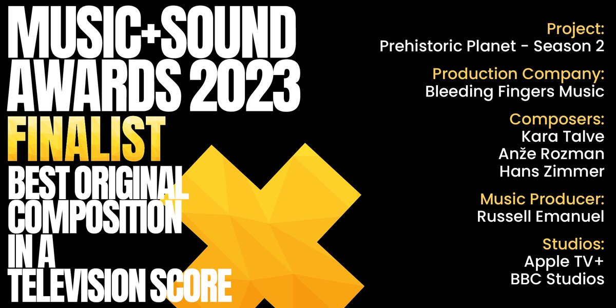 #MASAwards Finalist (2/6) Kara Talve, @ARozmanComposer + @HansZimmer @bleedingfingersmusic - Prehistoric Planet - Season 2 @RustyMassive @AppleTV @bbccreative 👏