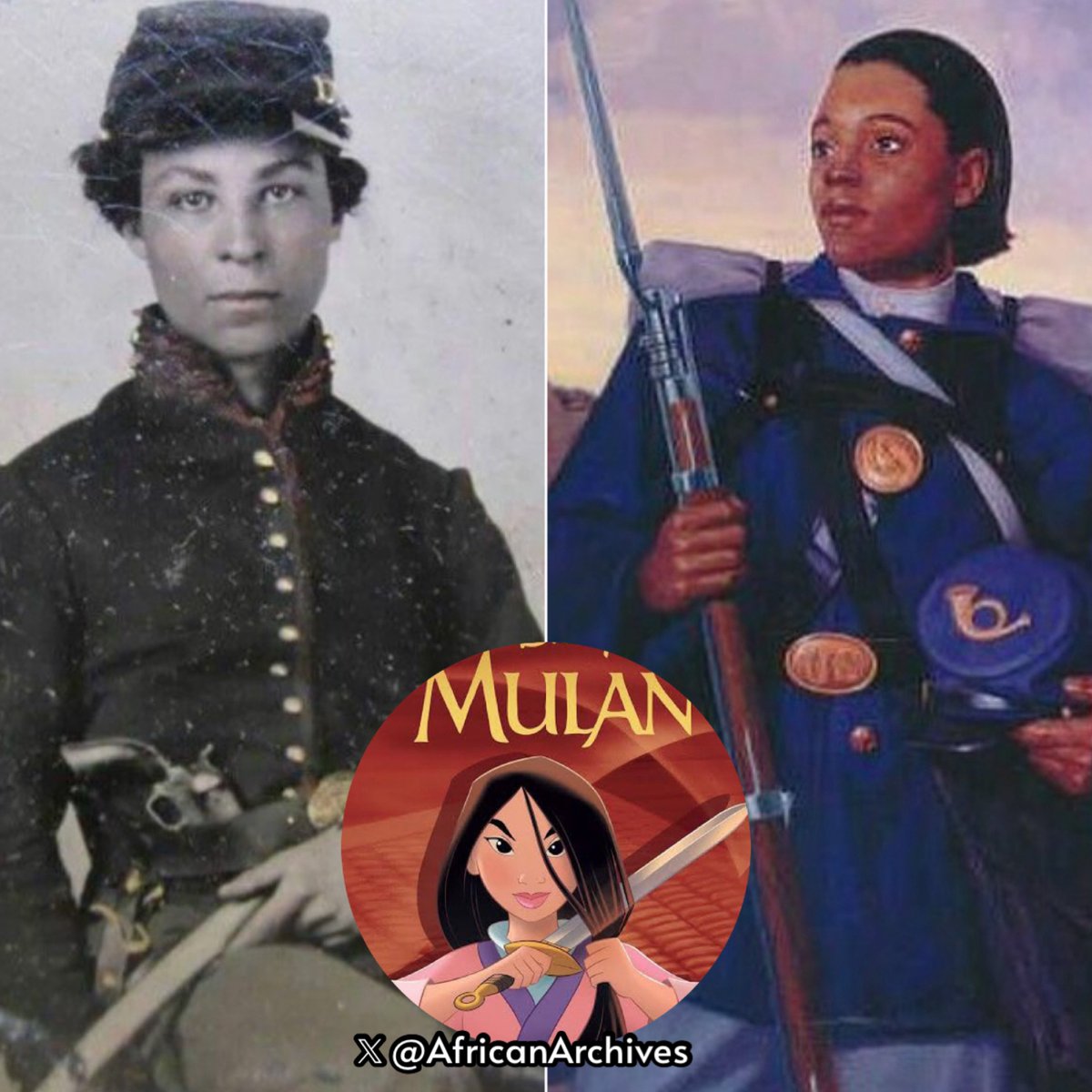 The 'Real Life Mulan', Cathay Williams.

Cathay had to pose as a MALE to be enlisted as a union soldier during her time. She was part of the 38 Regiment Infantry Division and was called a Buffalo Soldier!

—Cathay was born and enslaved in 1850 in Jackson County, Missouri. In
