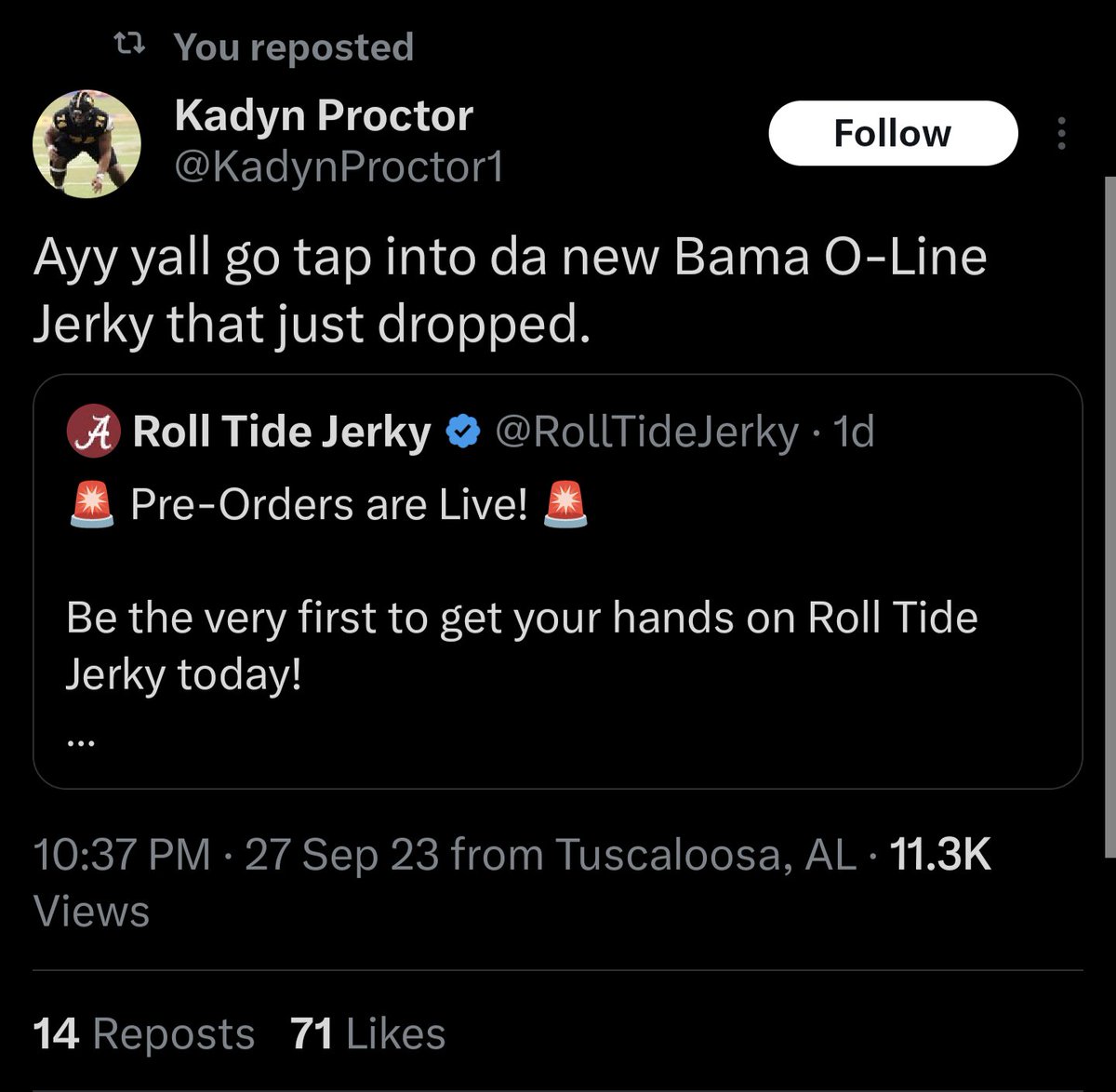 Thanks everyone for the outpouring of support as we launch Roll Tide Jerky!

We've lived all of the Pre-Orders and the huge amount of social posts. Keep it up and try some jerky!!