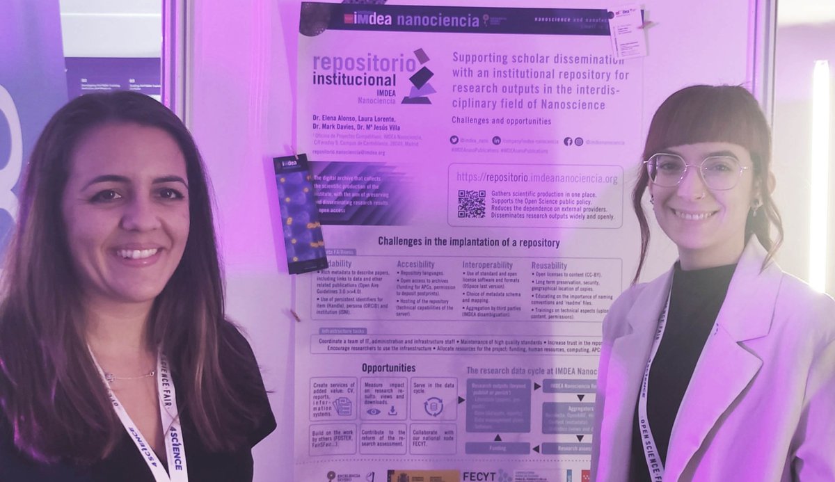 IMDEA_Nano's tweet image. Our Repository made it to the @OpenScienceFAIR! Elena Alonso and Laura Lorente from the Projects Office @imdea_nano presented the project at the #OSFAIR2023

One of the missions of our digital library is to disseminate research publications in #OpenAccess: repositorio.imdeananociencia.org