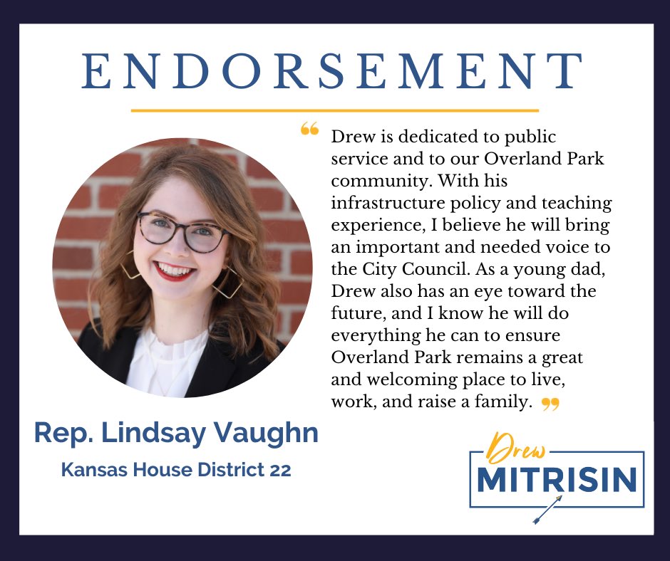 Excited to announce an endorsement from a problem solver representing us in Topeka: Representative <a href="/Lindsay4KS22/">Lindsay Vaughn</a>. 

Rep. Vaughn and I share a commitment to protecting our public schools and keeping our community a prosperous place for everyone who wants to live and invest here.