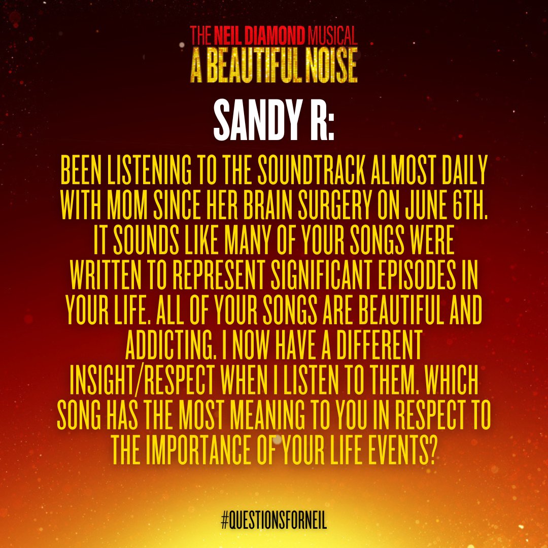 beautifulnoise's tweet photo. Sandy's #QuestionForNeil: "Which song has the most meaning to you in respect to the importance of your life events?" 👉 Swipe for @NeilDiamond's response.

Come back tomorrow for the next question answered by Neil Diamond!

#NeilDiamondMusical #NewMusical #ABeautifulNoiseMusical https://t.co/ycHCcdO5xy
