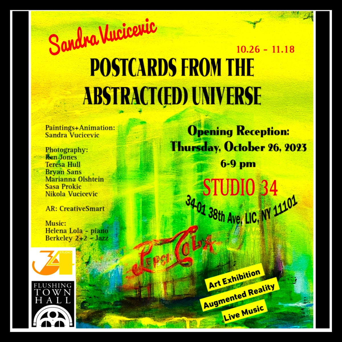 SandraVucicevic's tweet photo. I am excited to #show my new project #PostcardsFromTheAbstractedUniverse on October 26, from 6-9pm at #Studio34Gallery in LIC. Join us for   #artexhibition #AugmentedReality #LiveMusic https://t.co/La7BU11AU4
