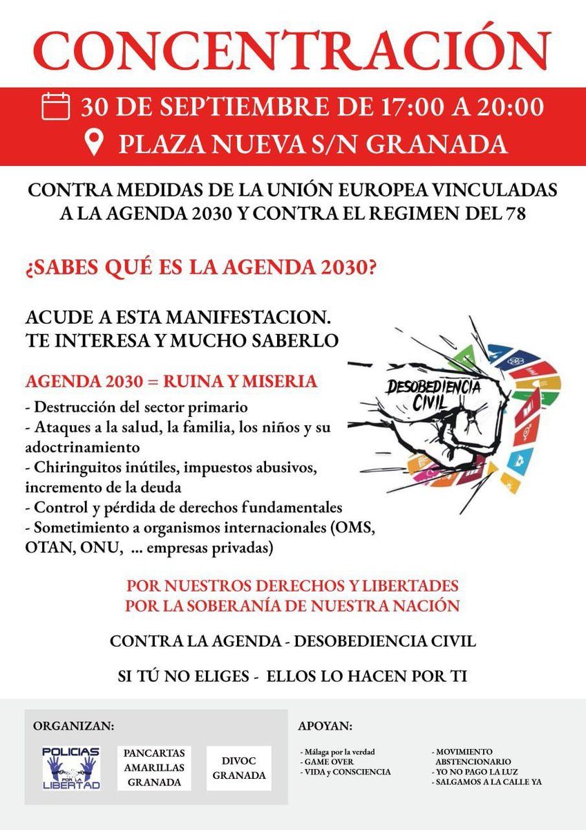 MarioMrGr's tweet photo. SOCIEDAD CIVIL se concentra en Granada CONTRA las medidas de la Unión Europea vinculadas a la Agenda 2030 y contra el Régimen del 78.

#DEP78 #StopAgenda2030 #StopParasitosEspaña #RomperParaTransformar https://t.co/2vpAtFOrGW