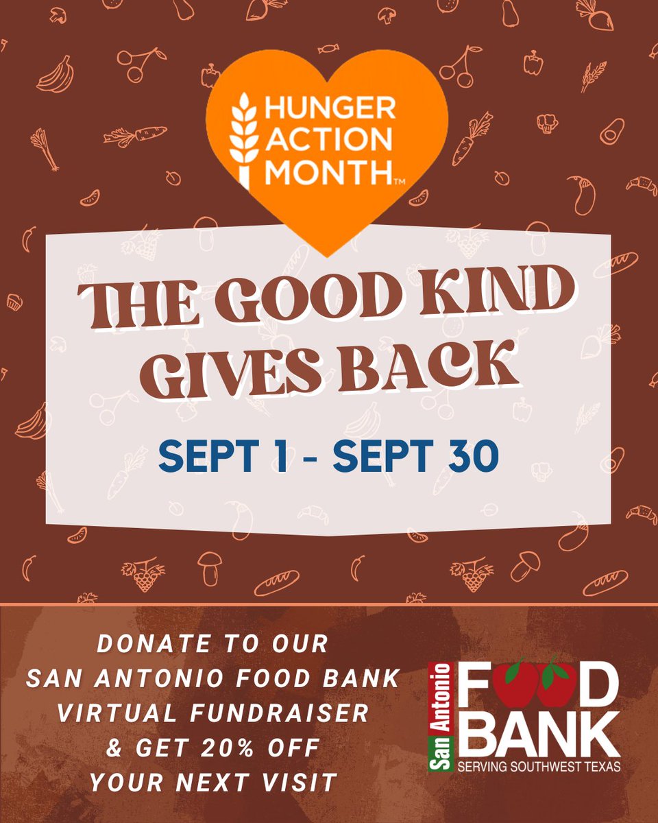 eatgoodkind's tweet photo. We have teamed up with the @safoodbank for #HungerActionMonth to take action in the fight to end hunger across Southwest Texas. For any donation made, you get 20% OFF your next visit. Upon donating you will receive a receipt with promo code.

Donate Here: https://t.co/ryVmQyioxy https://t.co/svI5E9mIbP