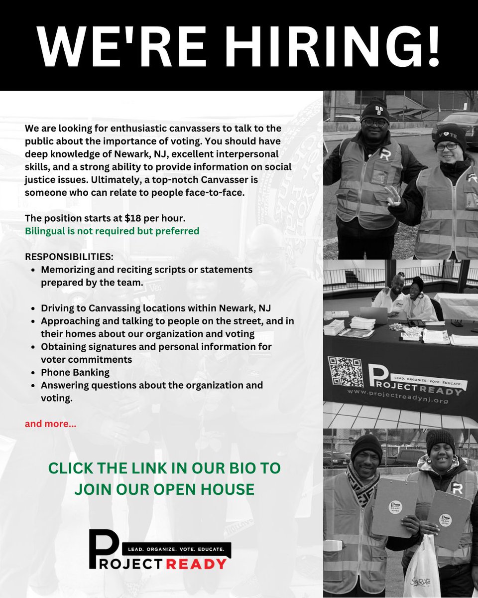 Please join us for our upcoming open house this Friday! Learn about the canvasser role and what it takes to join the Project Ready team if selected.

RSVP here for an upcoming open house forms.gle/uVjykceJjrts4W…

#hiring #njjobs #newarkjobs #projectreadynj #socialjusticework #Bob