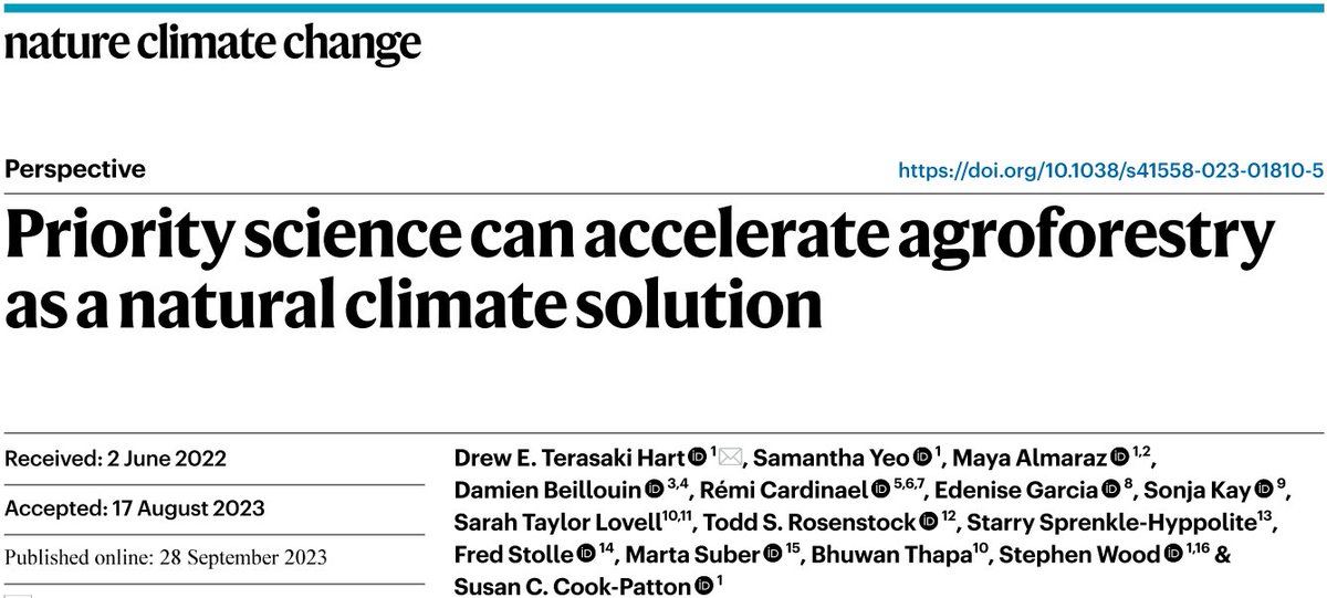 🧵1/11 Very excited to share our new perspective paper @NatureClimate on #agroforestry 🌳🌽🐄as a #naturalclimatesolution (NCS) and brilliantly led by @erthward @nature_org #naturebasedsolutions #climatechangemitigation doi.org/10.1038/s41558…