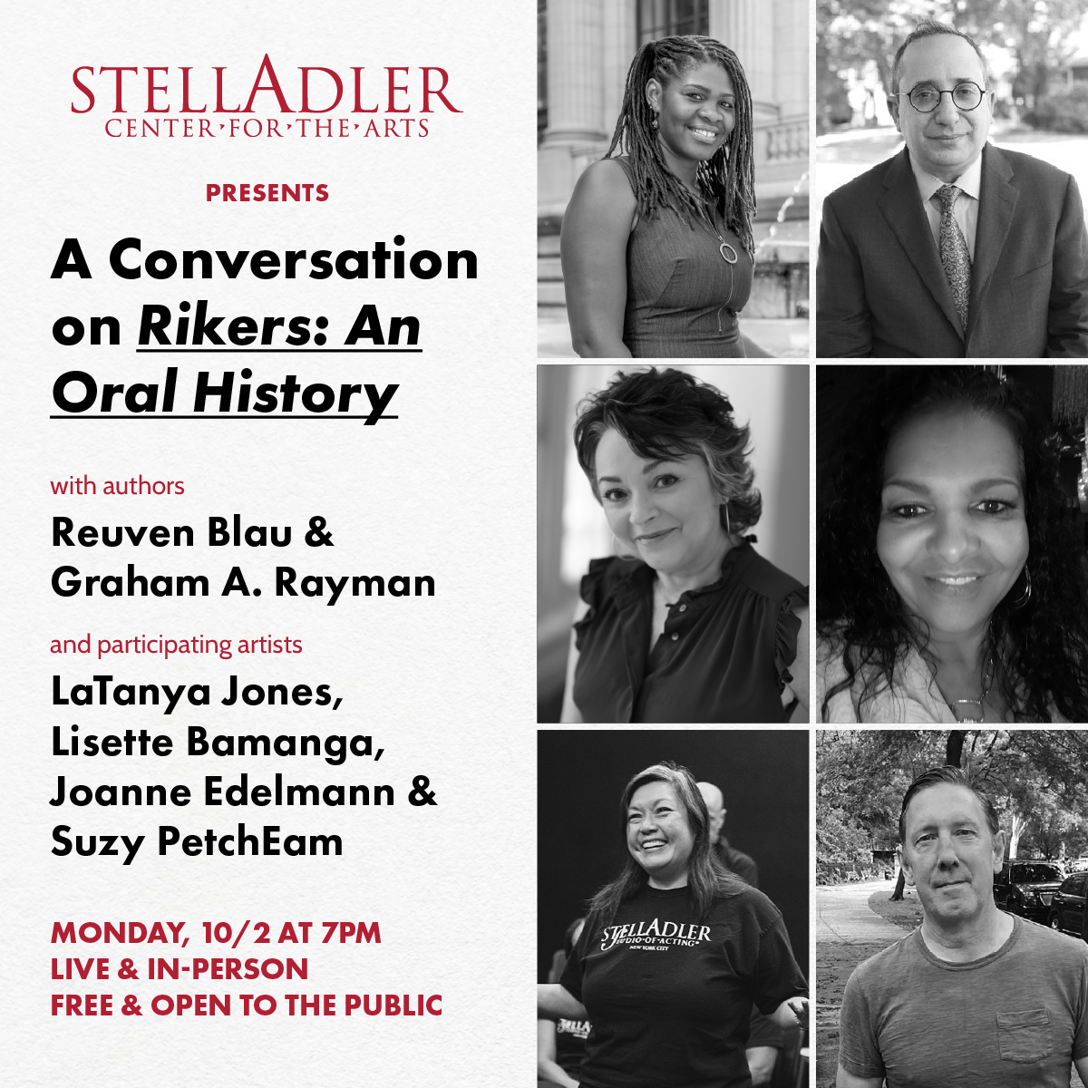 A Conversation on Rikers: An Oral History w/ @penguinrandom authors Reuven Blau and Graham A. Rayman, justice leaders and Stella Adler Arts Justice participants. RSVP: ci.ovationtix.com/34682/producti… #Free @CUJusticeLab @MarshallProj @thefortunesoc