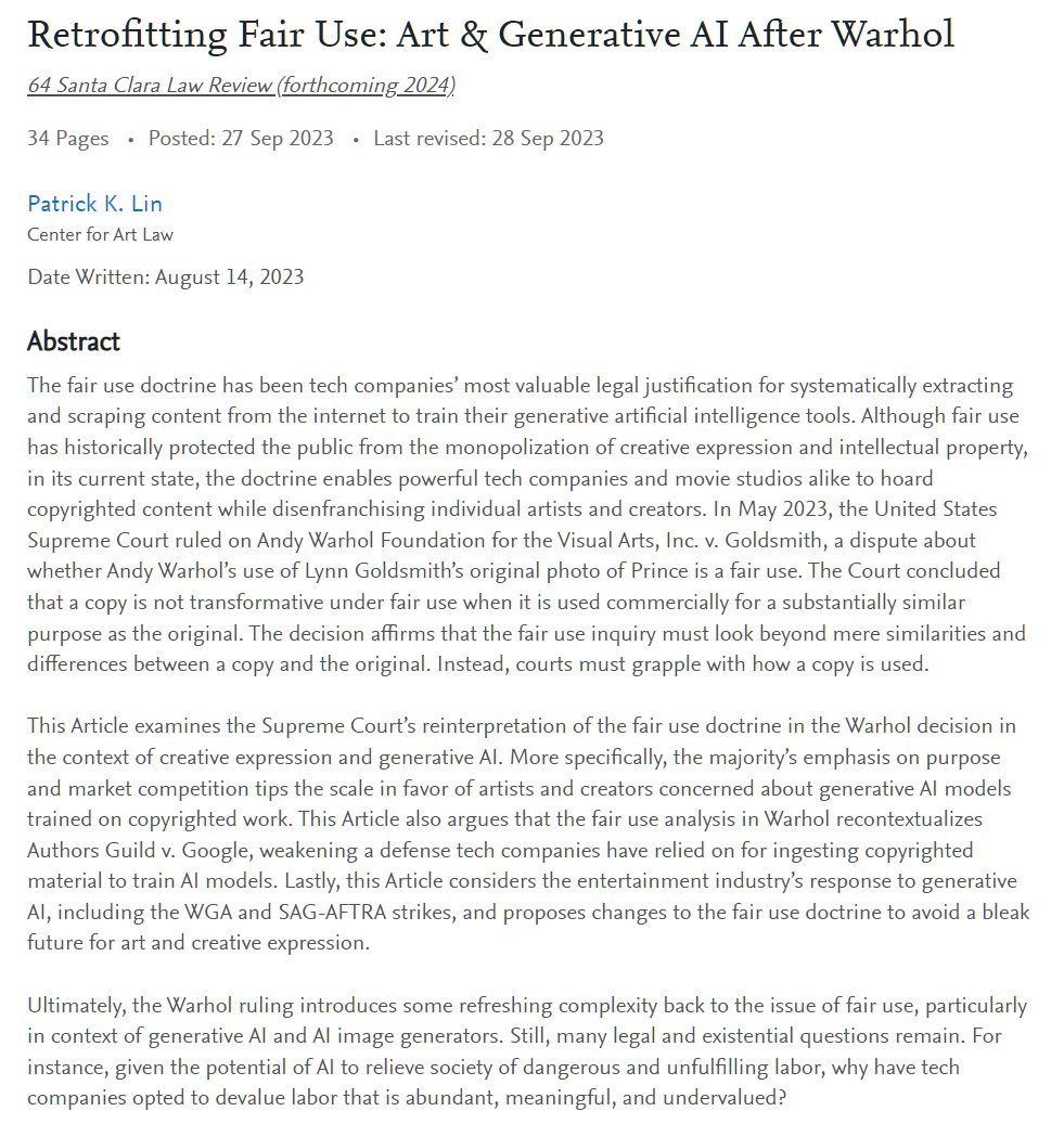 patrickklin__'s tweet photo. I'm very excited to share that my article, 𝘙𝘦𝘵𝘳𝘰𝘧𝘪𝘵𝘵𝘪𝘯𝘨 𝘍𝘢𝘪𝘳 𝘜𝘴𝘦: 𝘈𝘳𝘵 &amp; 𝘎𝘦𝘯𝘦𝘳𝘢𝘵𝘪𝘷𝘦 𝘈𝘐 𝘈𝘧𝘵𝘦𝘳 𝘞𝘢𝘳𝘩𝘰𝘭, will be published in the @SCULawReview. You can check it out here: https://t.co/uMXFuhdtgM https://t.co/er831x1eoK
