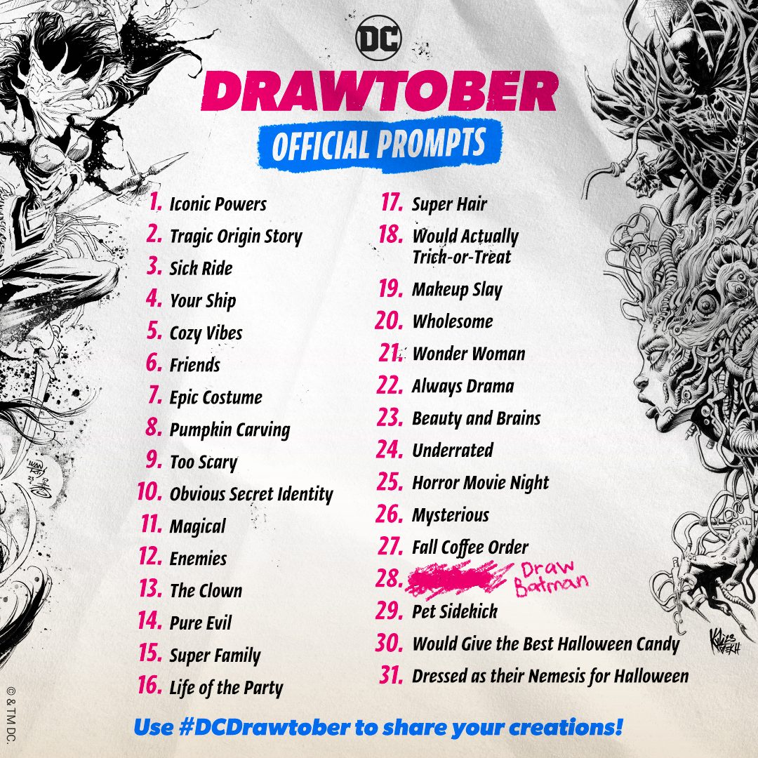 The official #DCDrawtober 2023 prompts are here. Let’s see your super sketches, dauntless drawings, and intrepid inks!