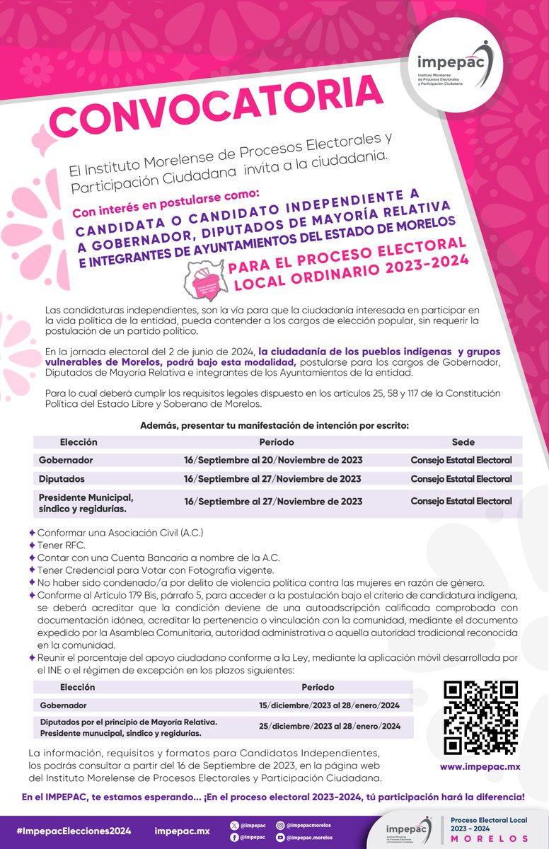 📷 El #Impepac te invita a participar en la convocatoria dirigida a la ciudadanía interesada en postularse como Candidatas/tos Independientes a cargos de Gobernador, Diputados locales por el principio de mayoría e integrantes de Ayuntamientos del estado
📷 tinyurl.com/48p9rpem