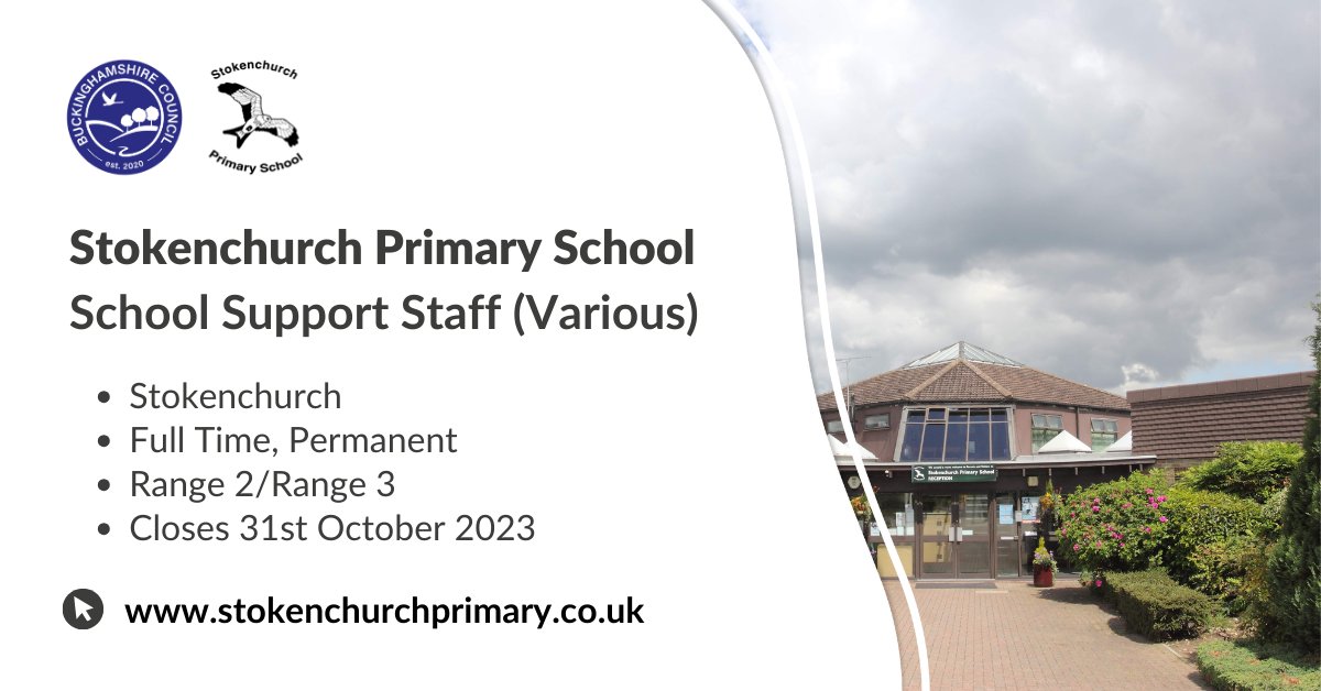 Stokenchurch Primary School seeks enthusiastic and committed individuals to join their school team. Your role will be pivotal in supporting children and helping them achieve their full potential. Apply here: ourjobs.buckinghamshire.gov.uk/job_detail/291…  

#SchoolSupport #JobsinSchools #Support