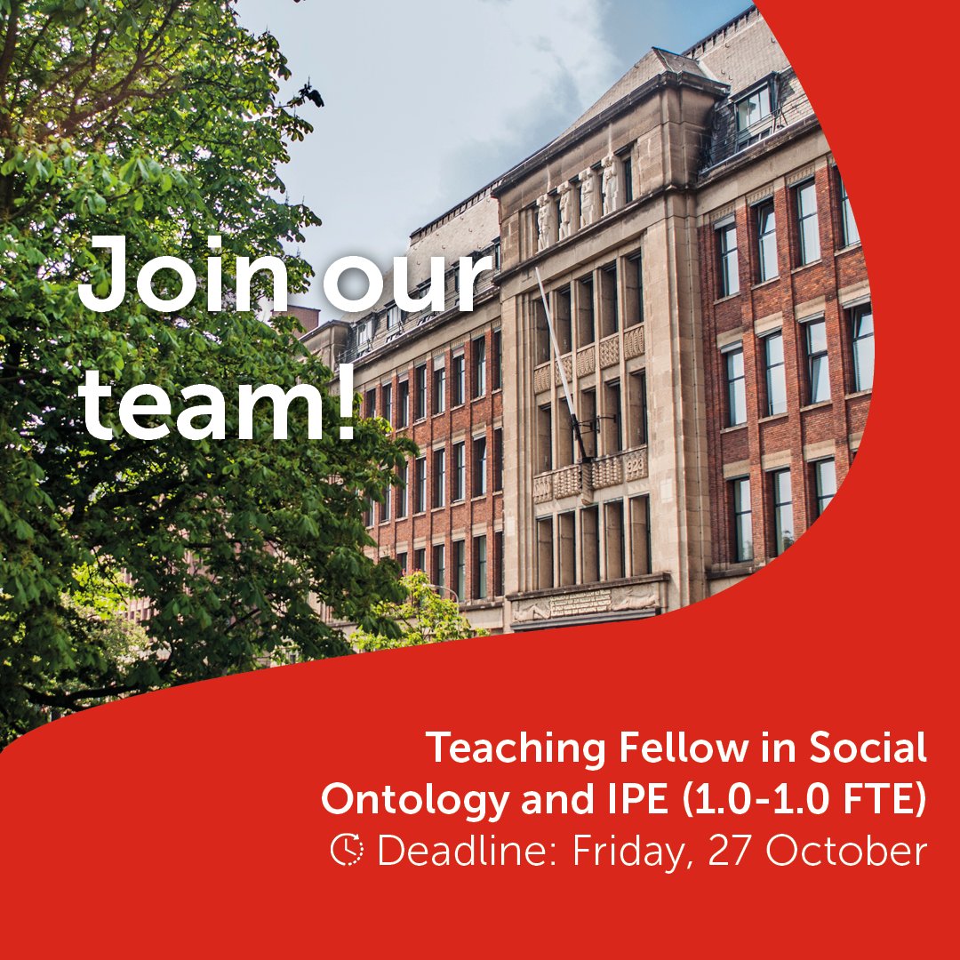 💻 Job Alert! We are looking for a teaching fellow in #socialontology and international #politicaleconomy (IPE). This vacancy is for a lecturer position and would best suit an early career academic. 📅 Deadline: 27 Oct bit.ly/TeachingFellow…