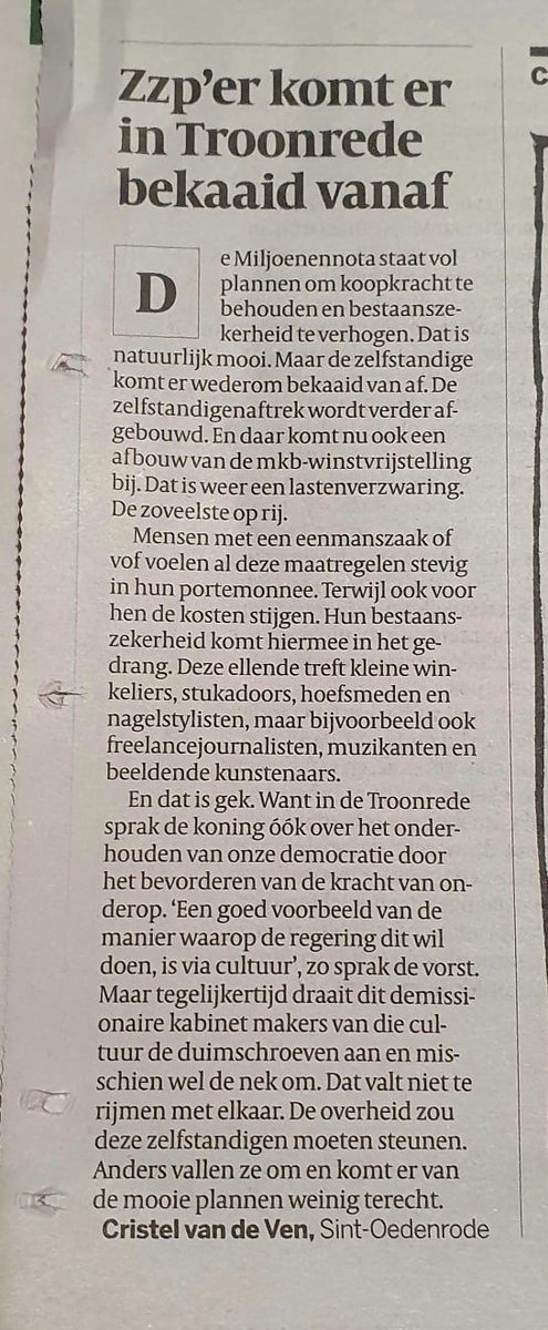 Vandaag in <a href="/volkskrant/">de Volkskrant</a>, een ingezonden brief van onze voorzitter <a href="/cristelvandeven/">Cristel van de Ven</a> over de negatieve effecten van de miljoenennota op de koopkracht en bestaanszekerheid van zelfstandigen.