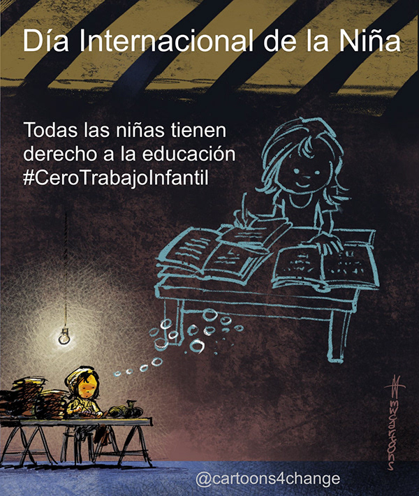 El 11 de octubre es el Día Internacional de la Niña. @cartoons4change invita a caricaturistas e ilustradores de todos los continentes a crear y publicar ilustraciones que defiendan el derecho de todas las niñas a la educación y exijan a gobiernos y empresas #CeroTrabajoInfantil.