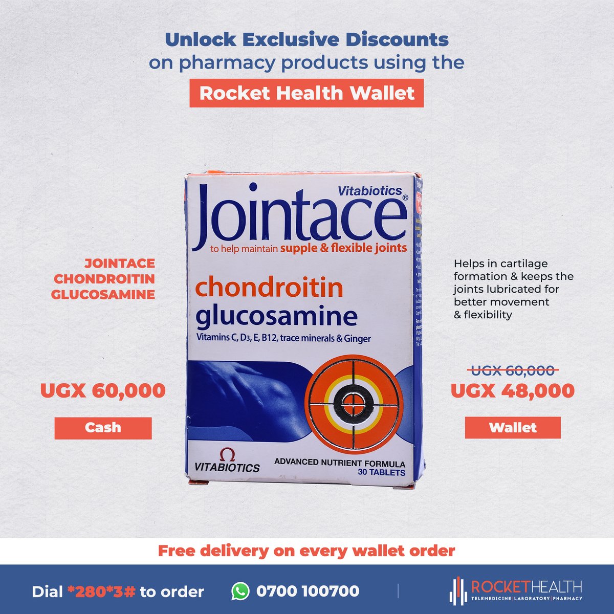 RHshop_online's tweet photo. It's raining 🌧 discounts with #RocketHealthWallet

Take care of your joints &amp; bones with Jointace Chondroitin

It helps in cartilage formation, keeps joints lubricated for better mobility, and relieves joint &amp; muscle pain

To order📲Dial *280*3# or click https://t.co/juz60Dm4oG https://t.co/nU4PvuXjDw
