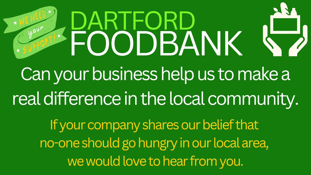 We are looking for local businesses big and small to support the Dartford Foodbank.

You can support in various ways from a food collection point in your building to hosting a fundraising event.
#Dartfordcommunity
#Dartfordbusinesses
#Noonegoeshungry