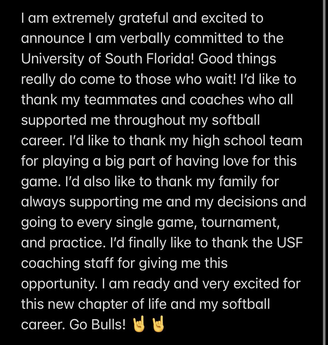 I would like to announce that I have decided to continue my academic and athletic career at the University of South Florida! I am beyond grateful and excited for this opportunity! Go Bulls 🤘