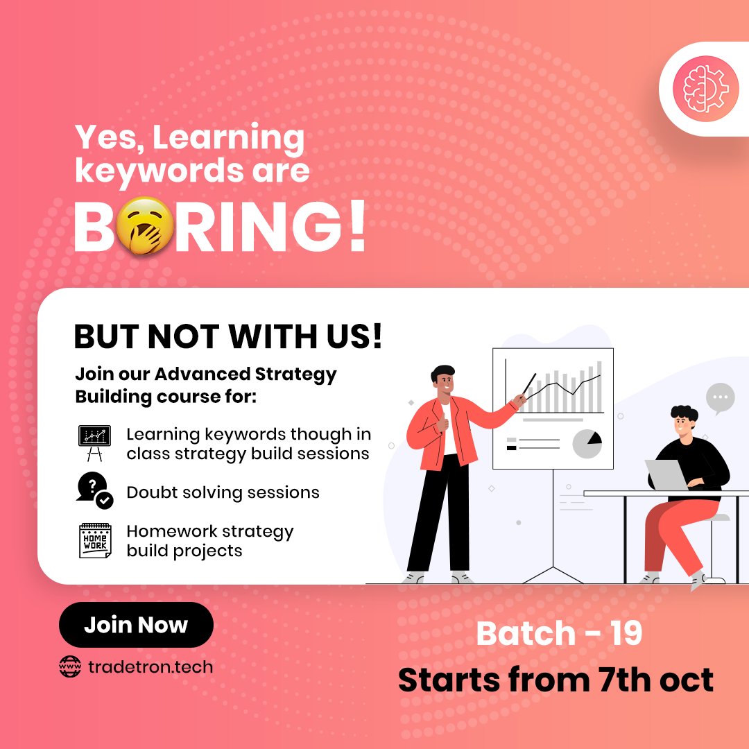 Tradetron1's tweet image. Join the Advance strategy building course batch 19 now - learn.tradetron.tech/p/asb-19

#algotrading #testalgo #zerocode #nifty50 #zerodha
