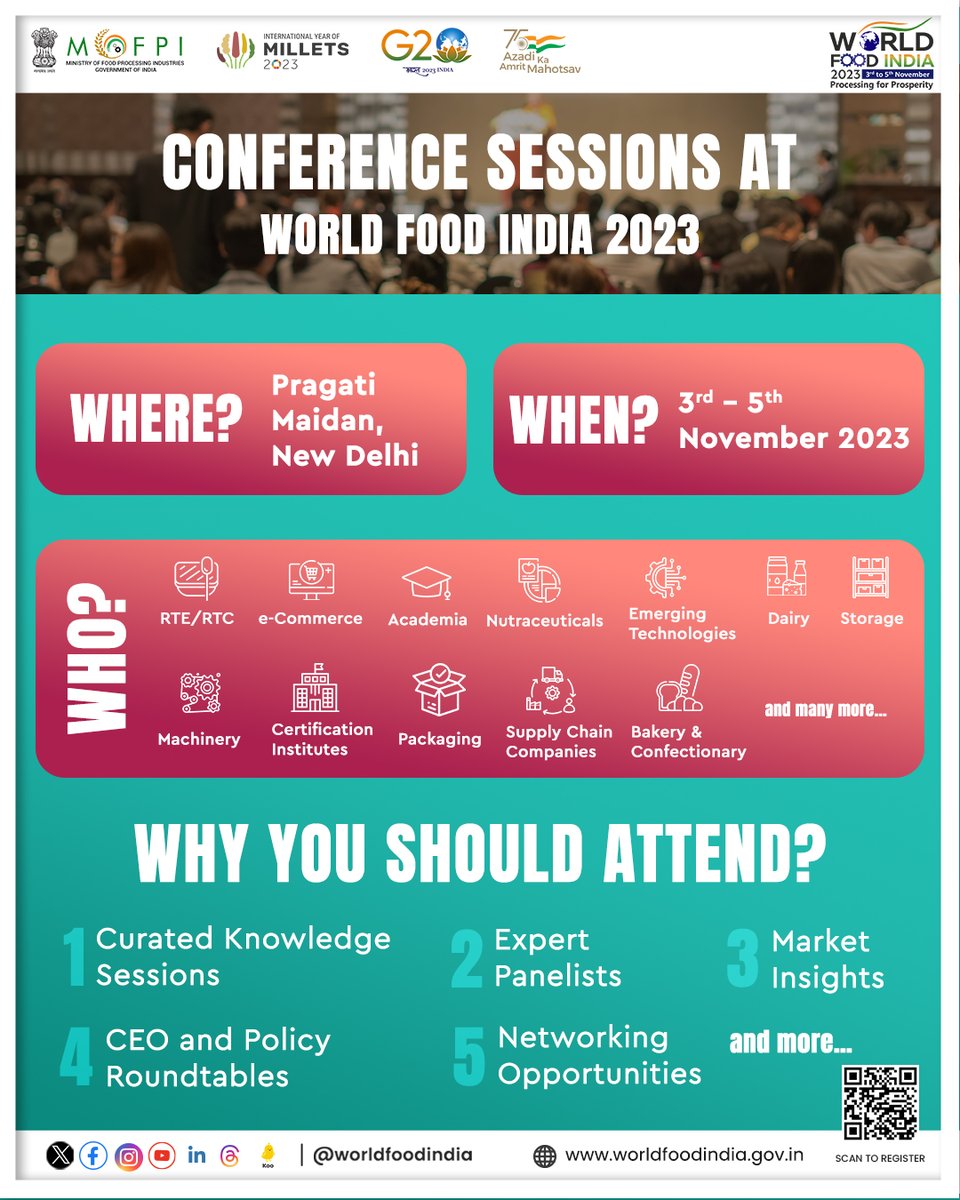 worldfoodindia's tweet photo. Join us at the most anticipated conference sessions of the year! 

Learn from the best minds in the food processing industry at our specialised Knowledge Sessions and Roundtables. World Food India 2023 presents an exciting lineup of top industry leaders from all domains of the food processing sector.

You can look forward to:
♦️Curated knowledge sessions

♦️Expert panelists

♦️Market Insights

♦️CEO and policy roundtables

♦️Networking opportunities

Register now for World Food India 2023, the biggest international food trade show in India: https://t.co/rnqU72JuG4

@PMOIndia @g20org @AmritMahotsav @MOFPI_GOI @PashupatiParas @prahladspatel @ficci_india @investindia @TheEDA_EY @IYM2023 @AgriGoI @HUL_News @ITCCorpCom @BritanniaIndLtd @Amul_Coop @HaldiramSnacks @NestleIndia @Tetra_Pak_India @MDLZ @TataConsumer @CocaCola_Ind #ZydusWellness @PepsiCoIndia #NekkantiSeaFood @MTRFoodsIN @centralbank_in @TheOfficialSBI @ltfoods @Marico_News @ONDC_Official @shubhfoods #AFTPAI @WelfareFood @GoodFoodIndia #FSNM @HPMFINFO @IndianDairyAsso @rai_india @IPGAPulses
#WorldFoodIndia2023 #WFI2023 #MOFPI #ProcessingForProsperity #Delhievents #WhatsoninDelhi #FoodIndustry #FoodExpo