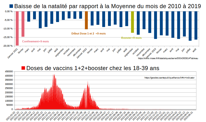 NiusMarco's tweet photo. J'ai calculé le % de baisse de naissances d'un mois donné par rapport au même mois 2010-2019. 
J'ai aussi rajouté les doses de vaccin. Il semble évident qu'il y a un effet Immédiat sur les naissances  et un effet persistant.
Il faudrait les chiffres des fausses couches par mois https://t.co/4t8x2NyEoQ